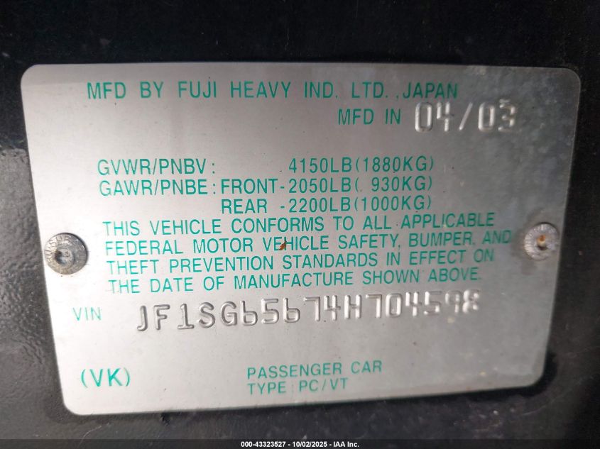 2004 Subaru Forester 2.5Xs VIN: JF1SG65674H704598 Lot: 43323527