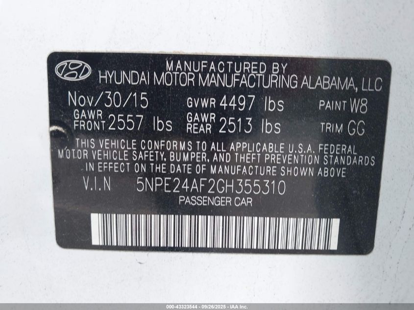 2016 Hyundai Sonata Se VIN: 5NPE24AF2GH355310 Lot: 43323544