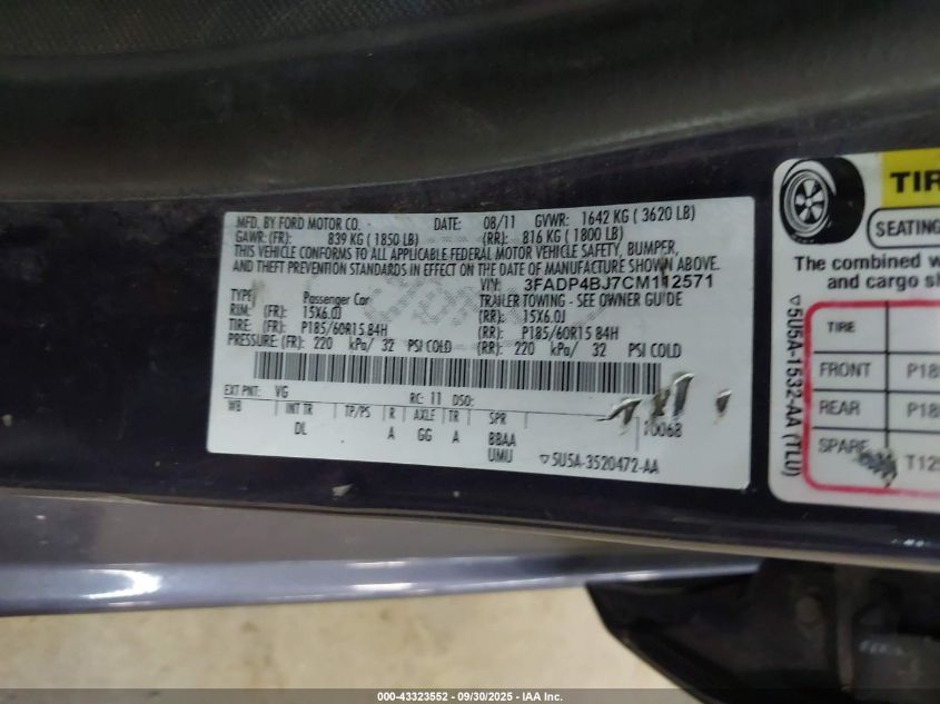 2012 Ford Fiesta Se VIN: 3FADP4BJ7CM112571 Lot: 43323552