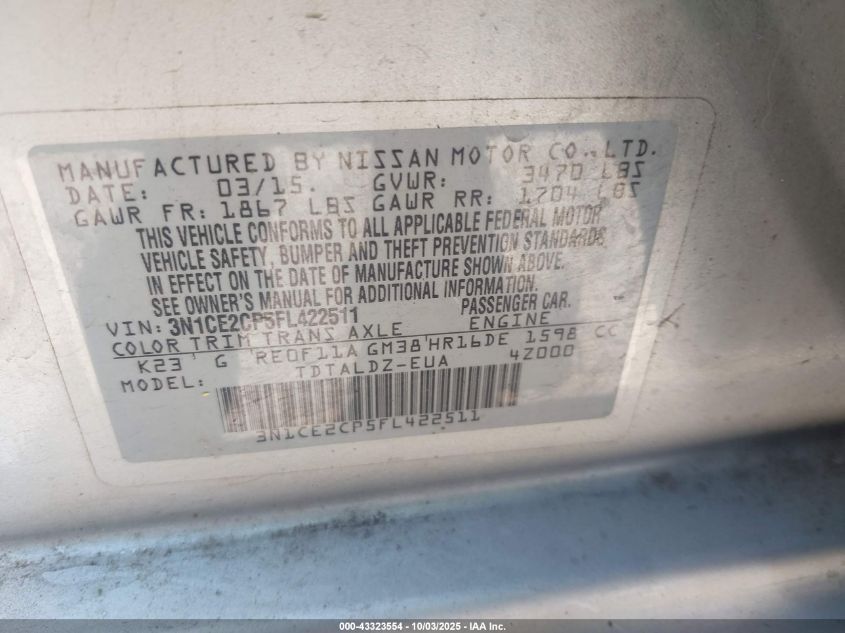 2015 Nissan Versa Note S (Sr)/S Plus/Sl/Sr/Sv VIN: 3N1CE2CP5FL422511 Lot: 43323554