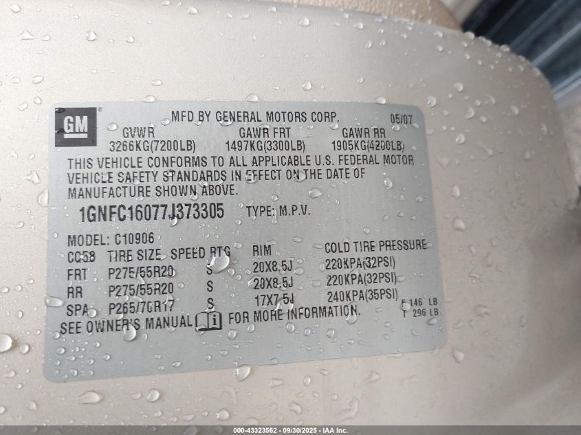 2007 Chevrolet Suburban 1500 Ltz VIN: 1GNFC16077J373305 Lot: 43323562