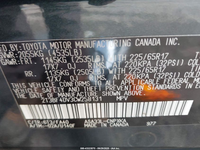 2012 Toyota Rav4 VIN: 2T3BF4DV3CW258131 Lot: 43323570