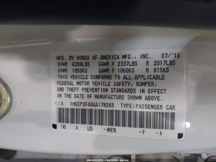 2010 Honda Accord Lxp VIN: 1HGCP2F48AA178265 Lot: 43323579