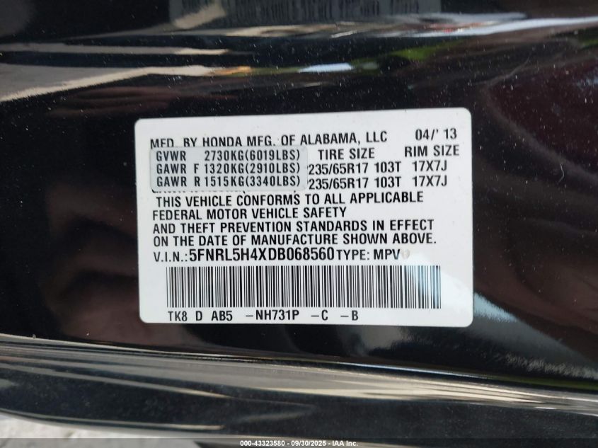 2013 Honda Odyssey Ex VIN: 5FNRL5H4XDB068560 Lot: 43323580