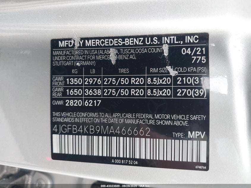 2021 MERCEDES-BENZ GLE 350 4MATIC 4JGFB4KB9MA466662