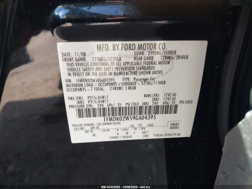 2009 Ford Taurus X Sel VIN: 1FMDK02W59GA04395 Lot: 43323590