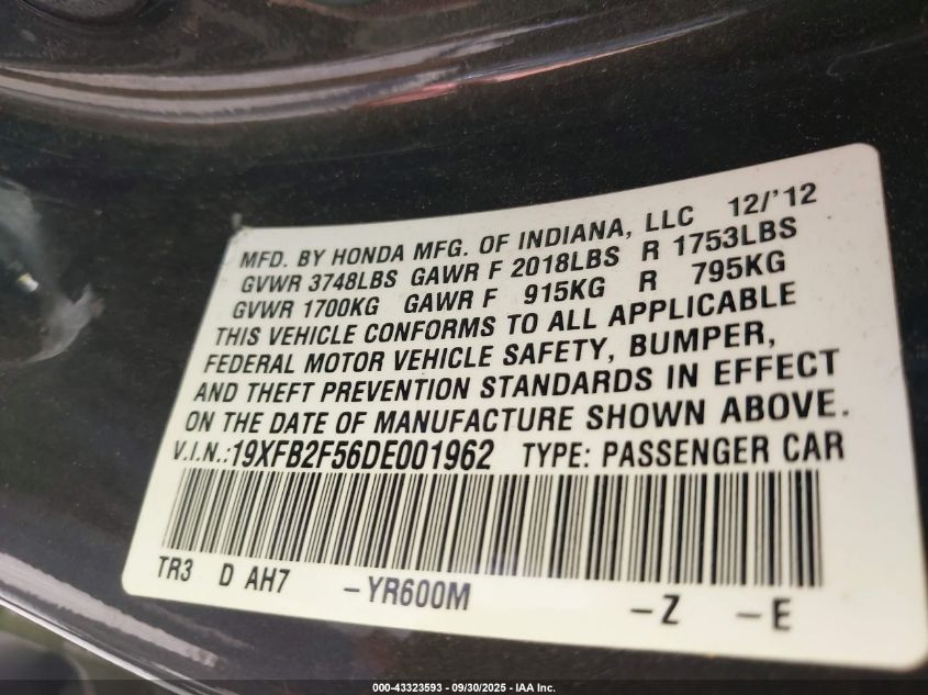 2013 Honda Civic Lx VIN: 19XFB2F56DE001962 Lot: 43323593