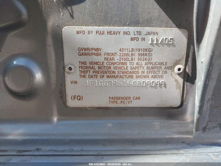 2006 Subaru Impreza Wrx Limited VIN: JF1GG79616G809099 Lot: 43323603