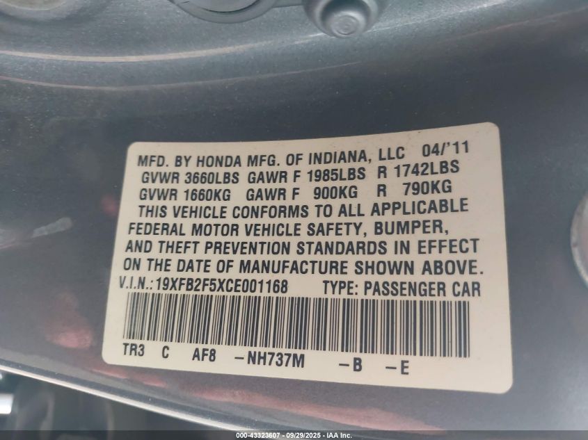 2012 Honda Civic Lx VIN: 19XFB2F5XCE001168 Lot: 43323607