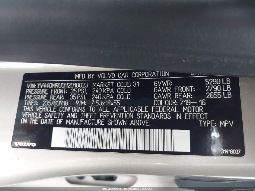 2017 Volvo Xc60 Inscription VIN: YV440MRU0H2010023 Lot: 43323615