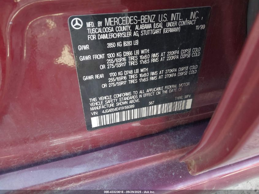 2000 Mercedes-Benz Ml 320 VIN: 4JGAB54E4YA156089 Lot: 43323616