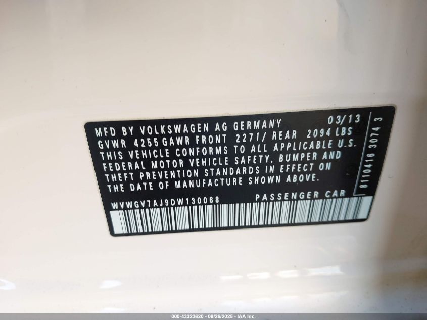 2013 Volkswagen Gti Wolfsburg Edition VIN: WVWGV7AJ9DW130068 Lot: 43323620