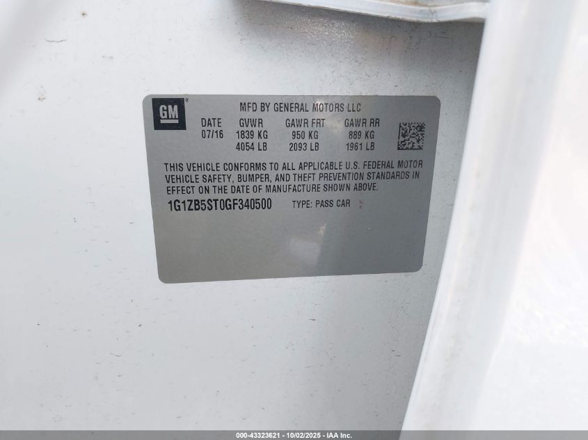 2016 Chevrolet Malibu Ls VIN: 1G1ZB5ST0GF340500 Lot: 43323621