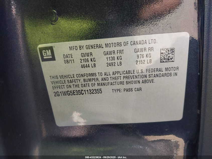 2012 Chevrolet Impala Lt VIN: 2G1WG5E35C1132355 Lot: 43323624