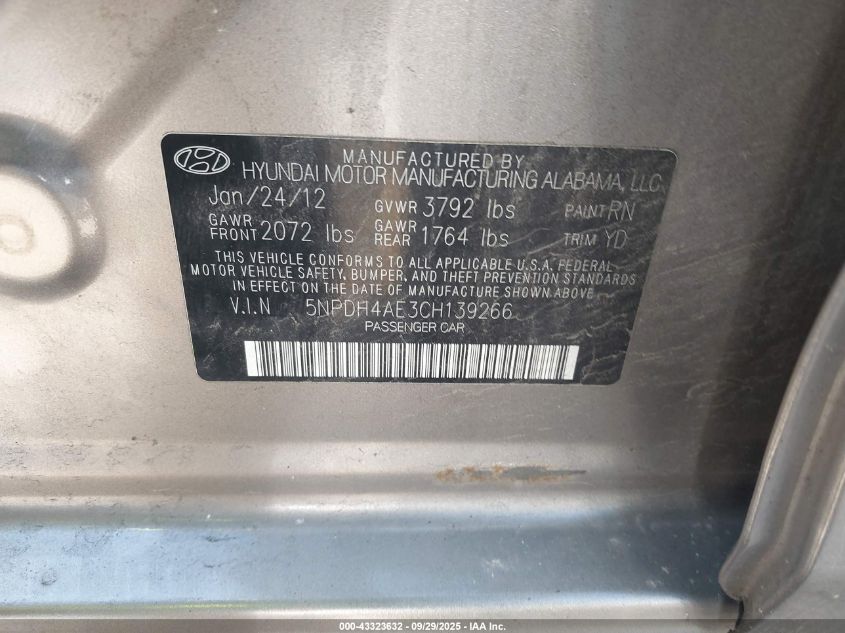 2012 Hyundai Elantra Limited VIN: 5NPDH4AE3CH139266 Lot: 43323632