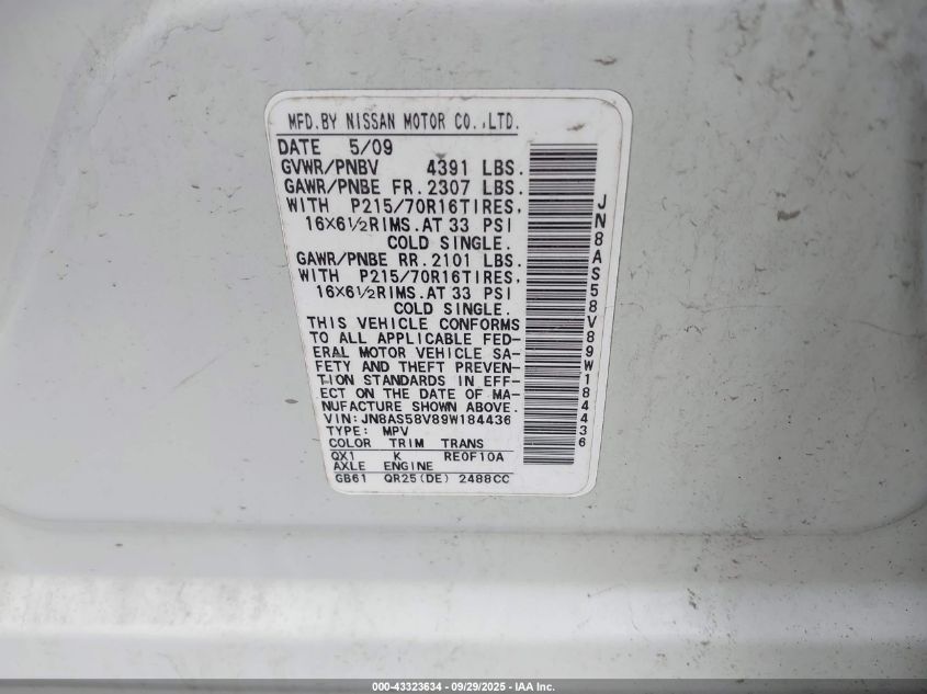 2009 Nissan Rogue S VIN: JN8AS58V89W184436 Lot: 43323634