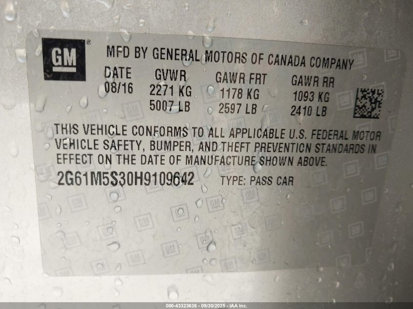 2017 Cadillac Xts Luxury VIN: 2G61M5S30H9109642 Lot: 43323636