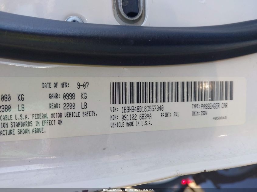 2008 Dodge Caliber Sxt VIN: 1B3HB48B18D557340 Lot: 43323637