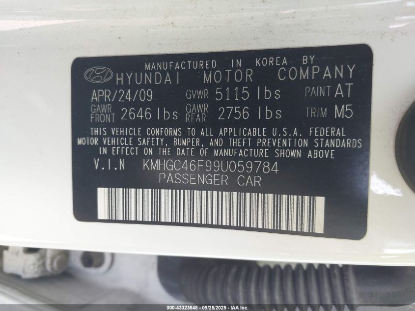 2009 Hyundai Genesis 4.6 VIN: KMHGC46F99U059784 Lot: 43323648