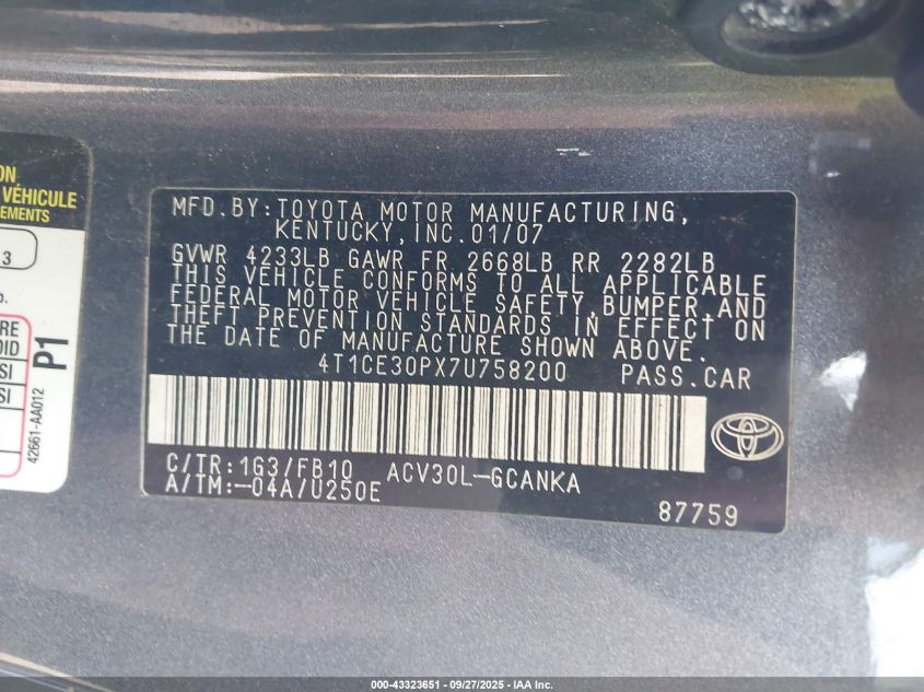 2007 Toyota Camry Solara Se VIN: 4T1CE30PX7U758200 Lot: 43323651