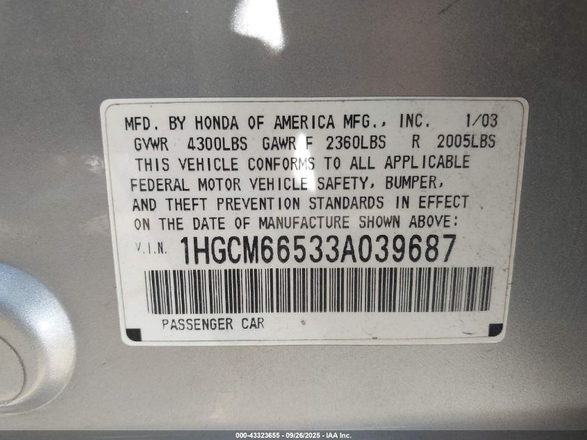 2003 Honda Accord 3.0 Ex VIN: 1HGCM66533A039687 Lot: 43323655