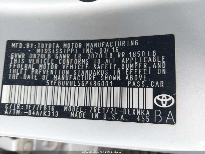 2016 Toyota Corolla Le VIN: 5YFBURHE5GP486001 Lot: 43323658