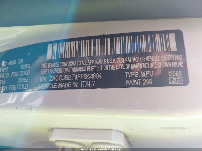 2015 Jeep Renegade Latitude VIN: ZACCJBBT0FPB54894 Lot: 43323663