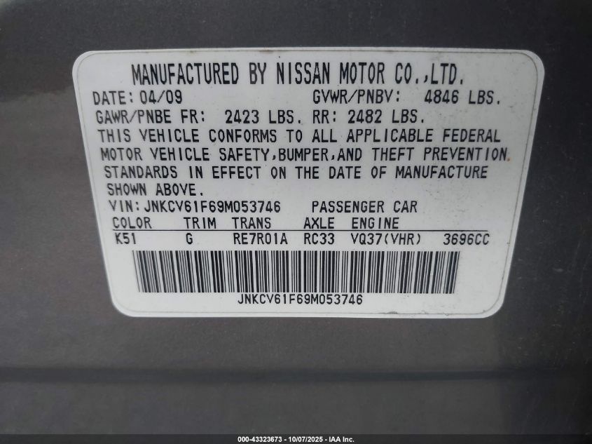 2009 Infiniti G37X VIN: JNKCV61F69M053746 Lot: 43323673