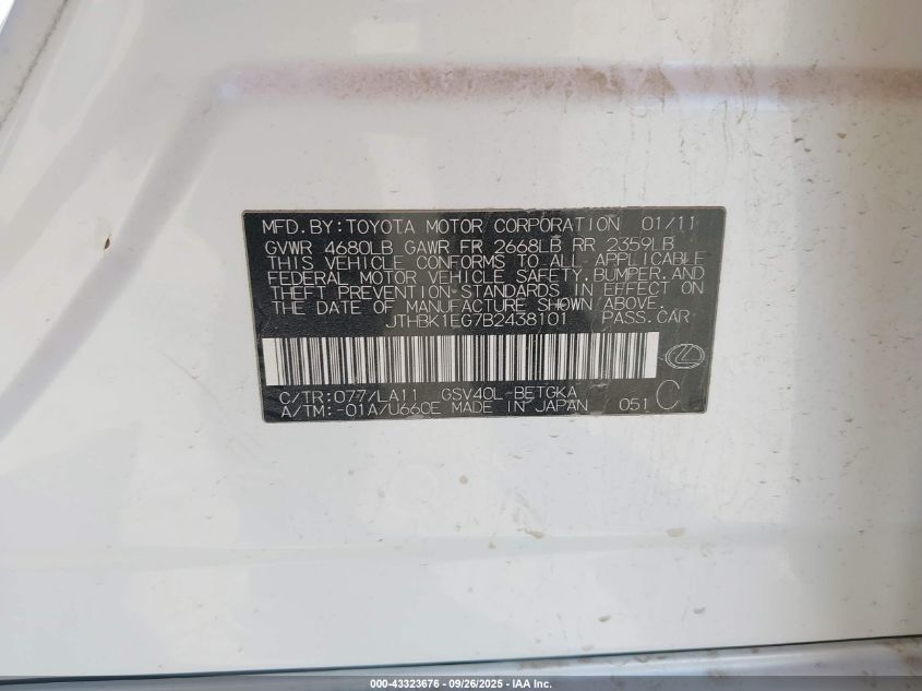 2011 Lexus Es 350 VIN: JTHBK1EG7B2438101 Lot: 43323676