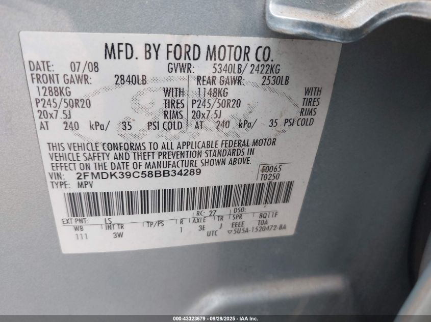 2008 Ford Edge Limited VIN: 2FMDK39C58BB34289 Lot: 43323679