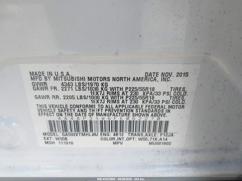 2015 MITSUBISHI OUTLANDER SPORT ES - 4A4AP3AW6FE062270