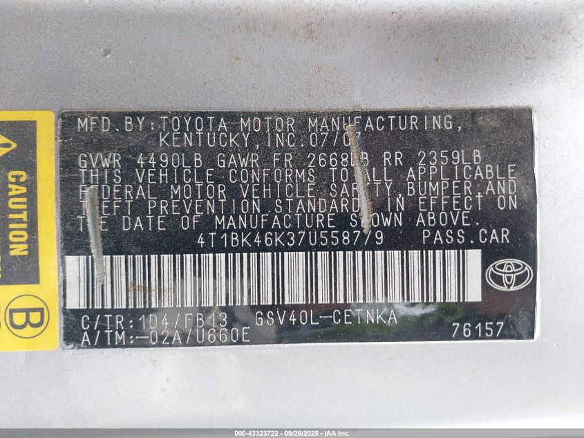 2007 Toyota Camry Le V6 VIN: 4T1BK46K37U558779 Lot: 43323722