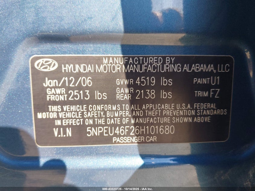5NPEU46F26H101680 2006 HYUNDAI SONATA photo no. 9