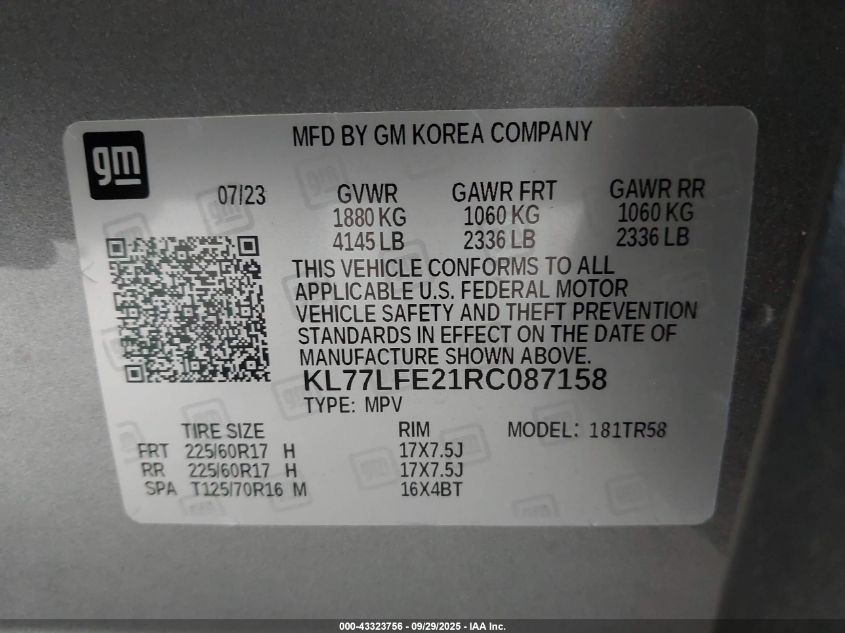 2024 Chevrolet Trax Fwd Sp VIN: KL77LFE21RC087158 Lot: 43323756