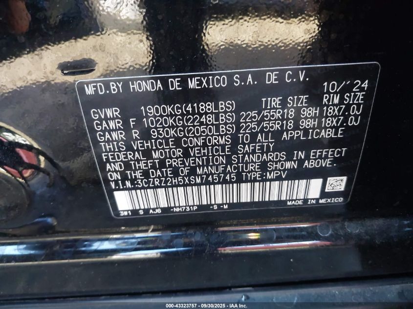 2025 Honda Hr-V Awd Sport VIN: 3CZRZ2H5XSM745745 Lot: 43323757