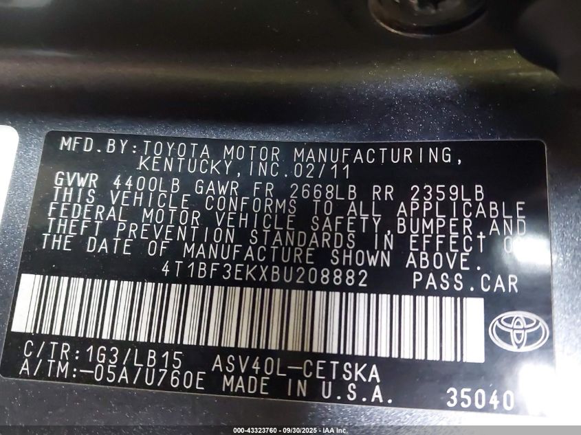 2011 Toyota Camry Se VIN: 4T1BF3EKXBU208882 Lot: 43323760