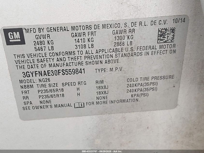 2015 Cadillac Srx Standard VIN: 3GYFNAE30FS559841 Lot: 43323767