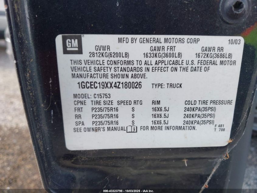 2004 Chevrolet Silverado 1500 Work Truck VIN: 1GCEC19XX4Z180026 Lot: 43323798