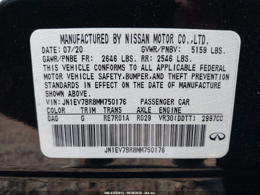 2021 Infiniti Q50 Luxe VIN: JN1EV7BR8MM750176 Lot: 43323812