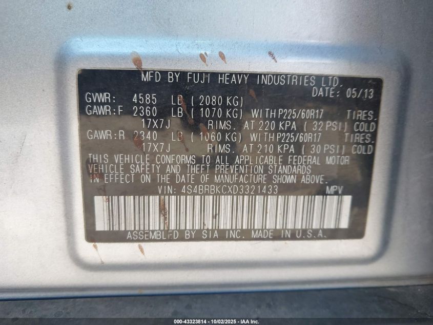 2013 Subaru Outback 2.5I Limited VIN: 4S4BRBKCXD3321433 Lot: 43323814