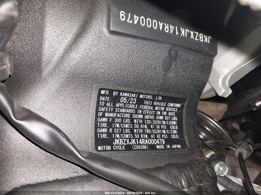 2024 Kawasaki Zx636 K VIN: JKBZXJK14RA000479 Lot: 43323824
