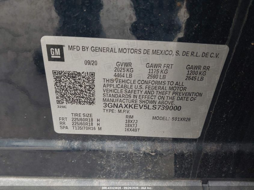 2020 Chevrolet Equinox Fwd Lt 1.5L Turbo VIN: 3GNAXKEV5LS739000 Lot: 43323828