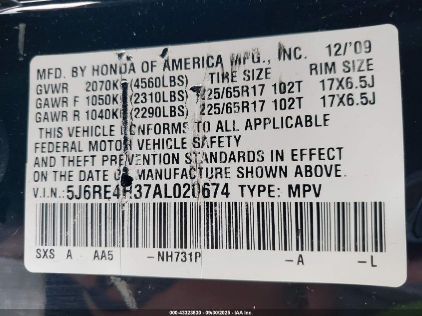 2010 Honda Cr-V Lx VIN: 5J6RE4H37AL020674 Lot: 43323830