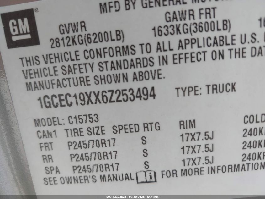 2006 Chevrolet Silverado 1500 Work Truck VIN: 1GCEC19XX6Z253494 Lot: 43323834