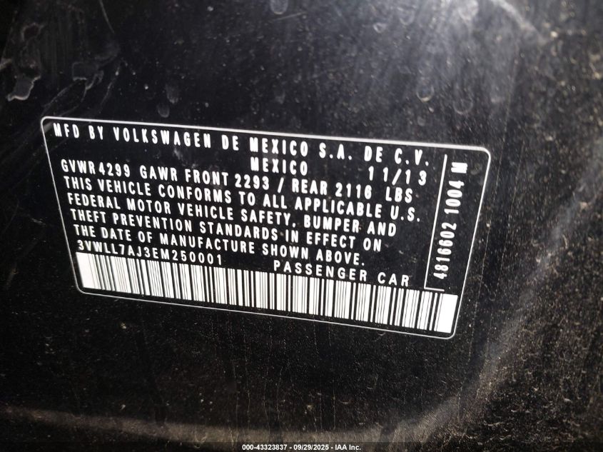 2014 Volkswagen Jetta 2.0L Tdi VIN: 3VWLL7AJ3EM250001 Lot: 43323837