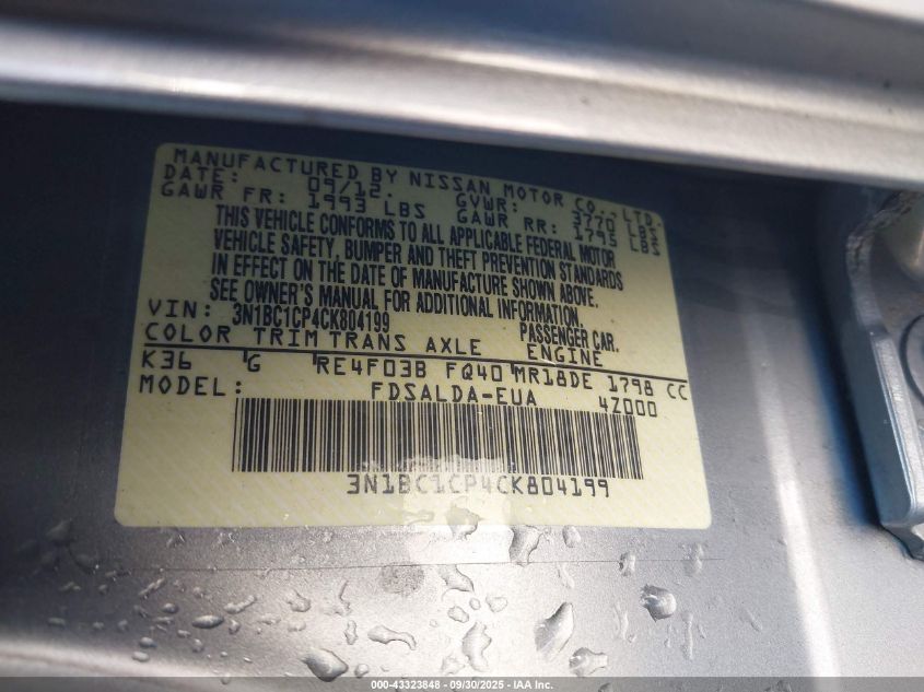 2012 Nissan Versa 1.8 S VIN: 3N1BC1CP4CK804199 Lot: 43323848