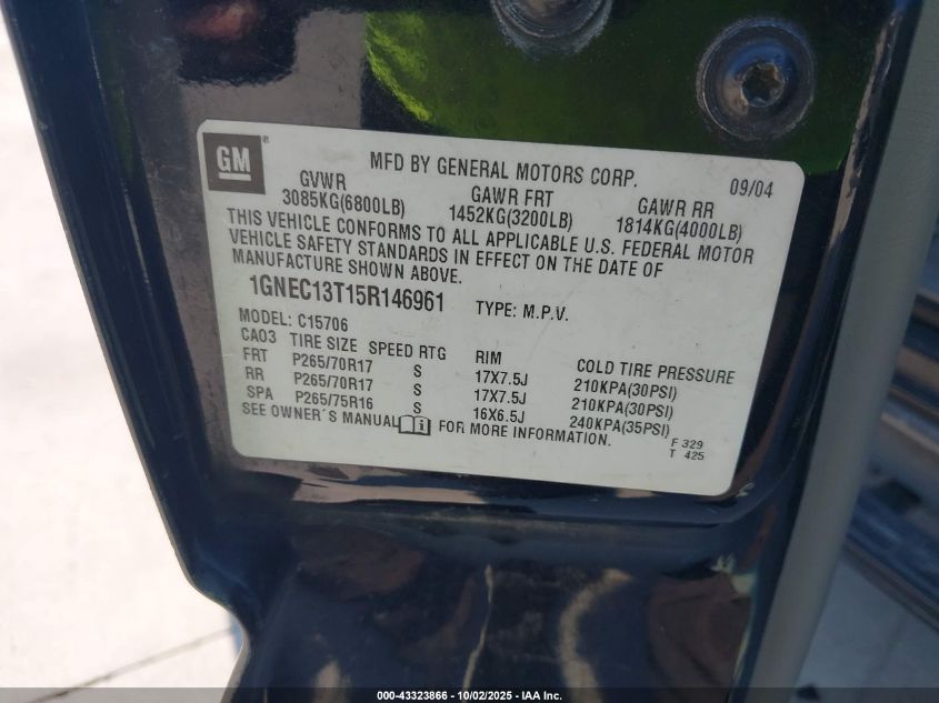 2005 Chevrolet Tahoe Z71 VIN: 1GNEC13T15R146961 Lot: 43323866