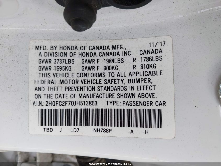 2018 Honda Civic Ex VIN: 2HGFC2F70JH513863 Lot: 43323871