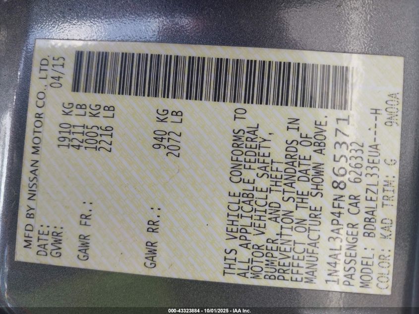 2015 Nissan Altima 2.5 S VIN: 1N4AL3AP4FN865371 Lot: 43323884