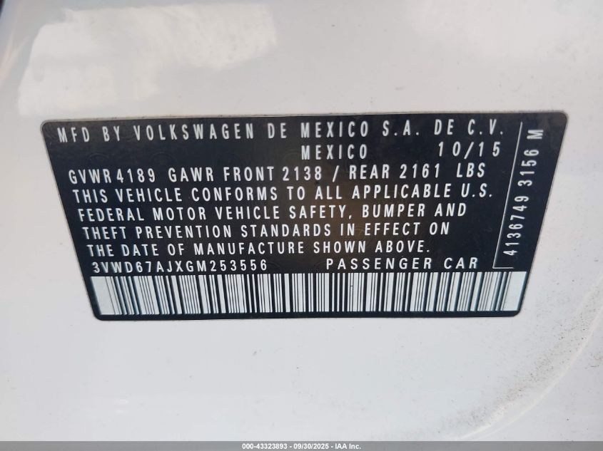 2016 Volkswagen Jetta 1.4T Se VIN: 3VWD67AJXGM253556 Lot: 43323893